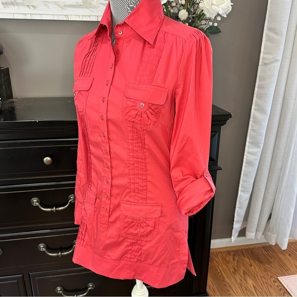 Bebe Utility Tunic Shirt Belle Pink Button-Front Stretch Poplin Blouse Size S - Picture 7 of 14